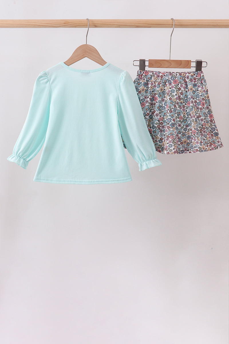 Long Sleeve Blue Floral Bow Applique Skorts Set
