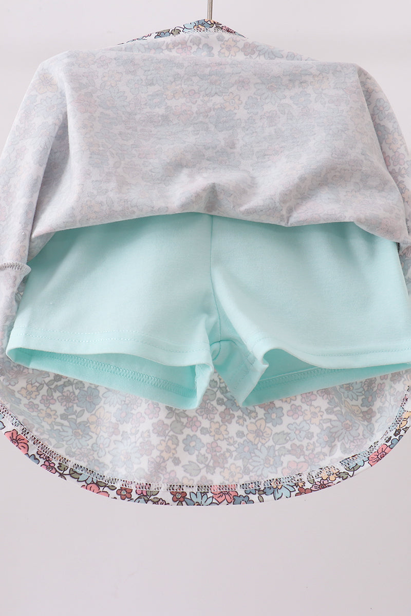 Long Sleeve Blue Floral Bow Applique Skorts Set