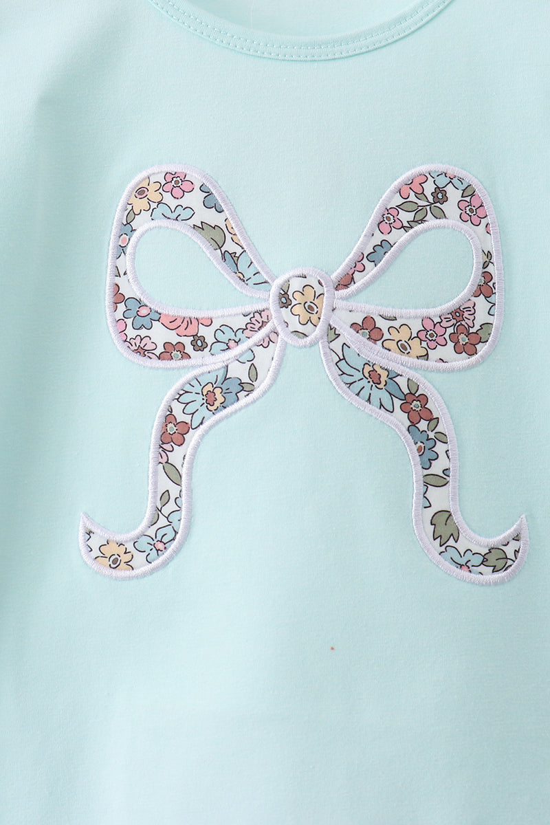 Long Sleeve Blue Floral Bow Applique Skorts Set