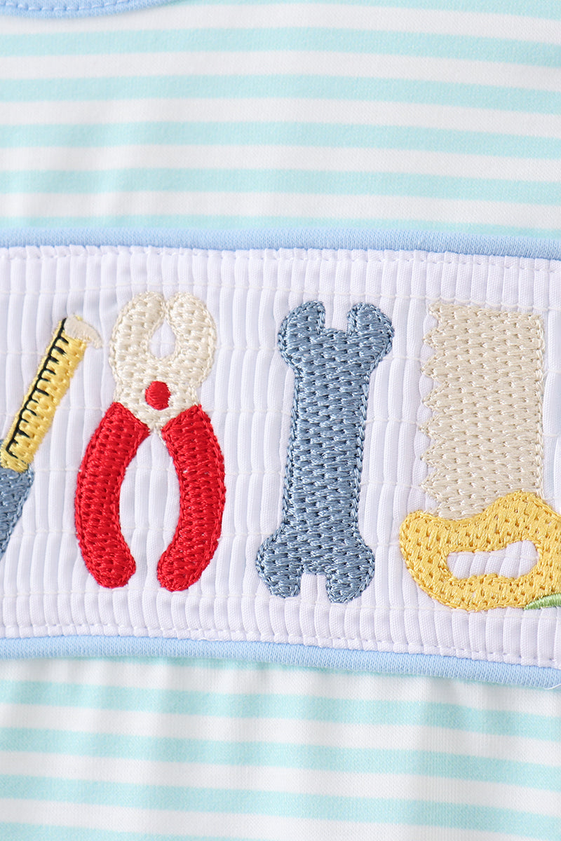 Baby Boy Blue Tool Smocked Stripe Bubble