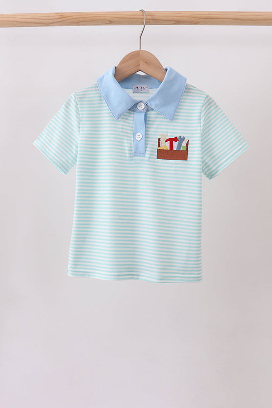 Boys Blue Tool Embroidery Stripe Polo Shirt