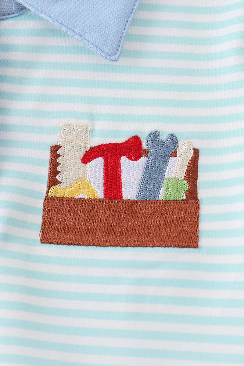 Boys Blue Tool Embroidery Stripe Polo Shirt