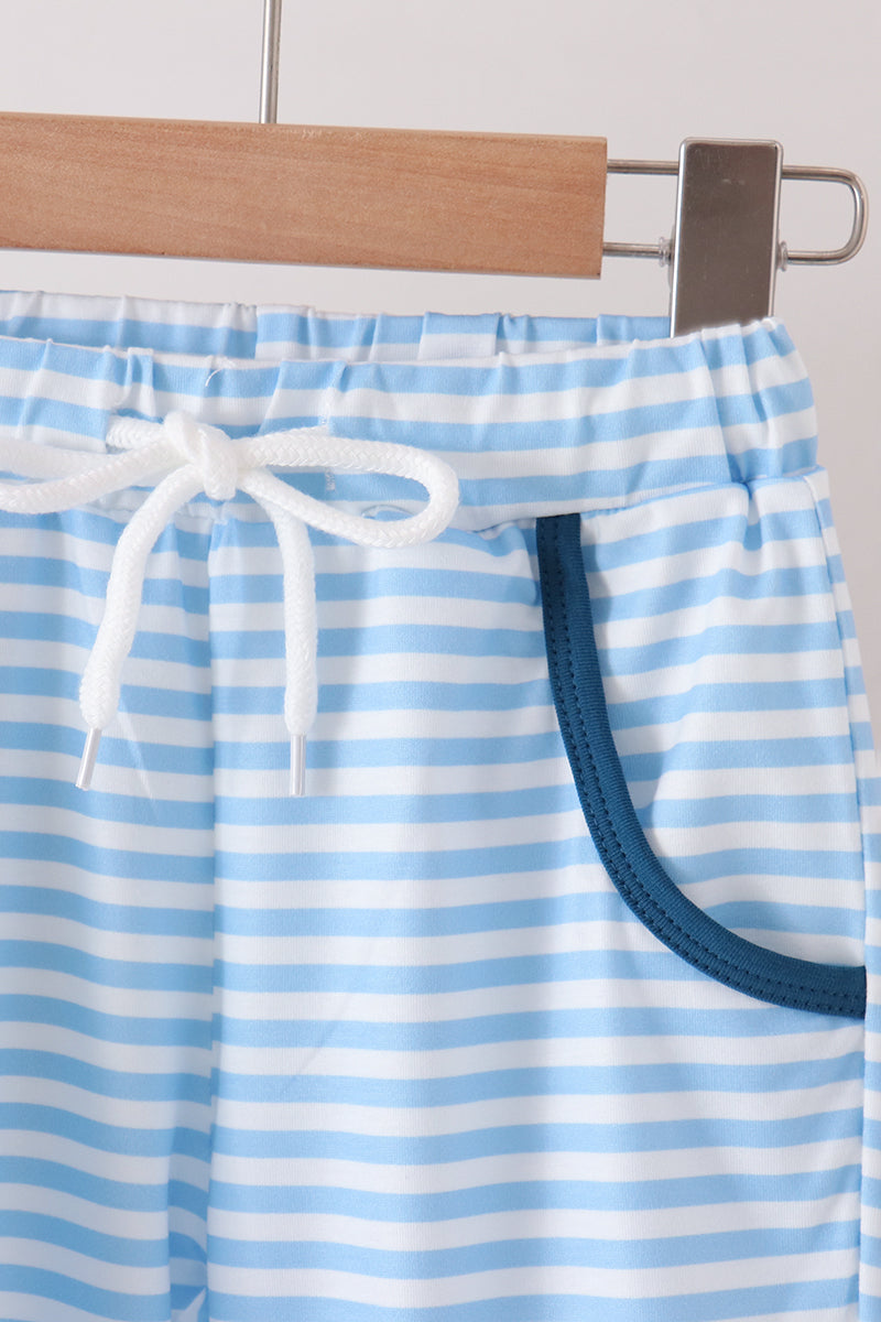 Boys Blue Superhero Character Embroidery Stripe Jogger Set
