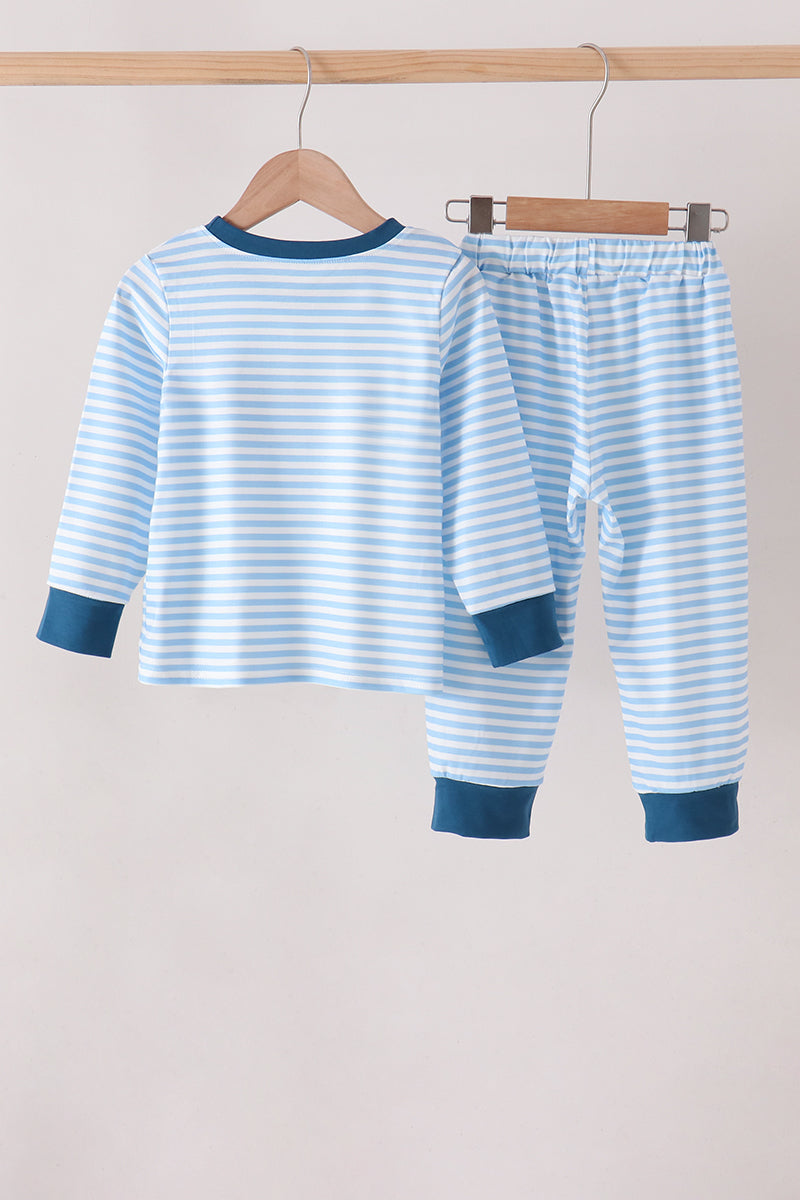 Boys Blue Superhero Character Embroidery Stripe Jogger Set