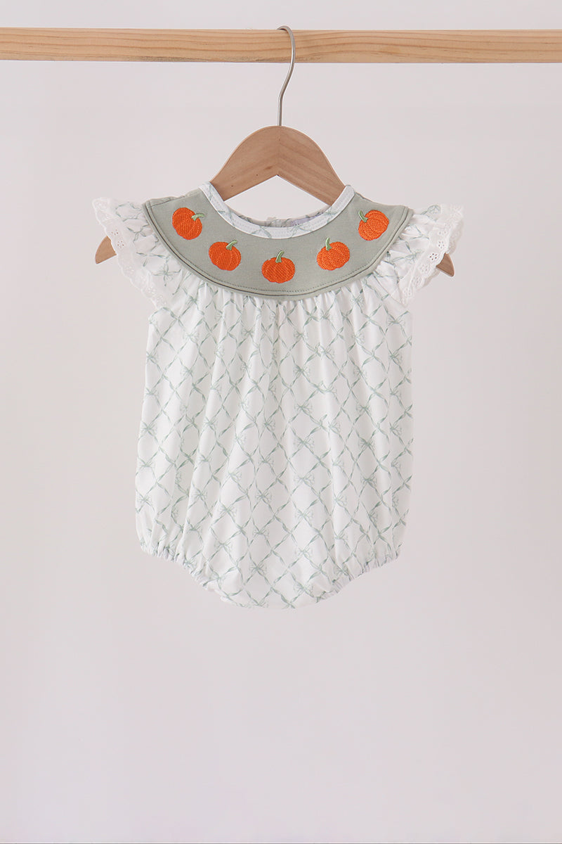 Baby Girl Sage Pumpkin Embroidery Ruffle Bubble