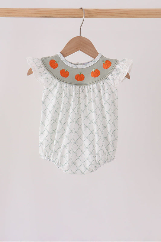 Baby Girl Sage Pumpkin Embroidery Ruffle Bubble