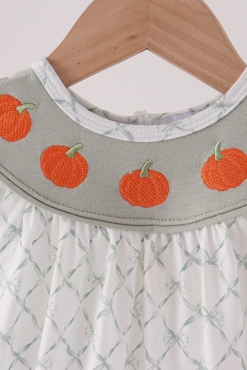 Baby Girl Sage Pumpkin Embroidery Ruffle Bubble