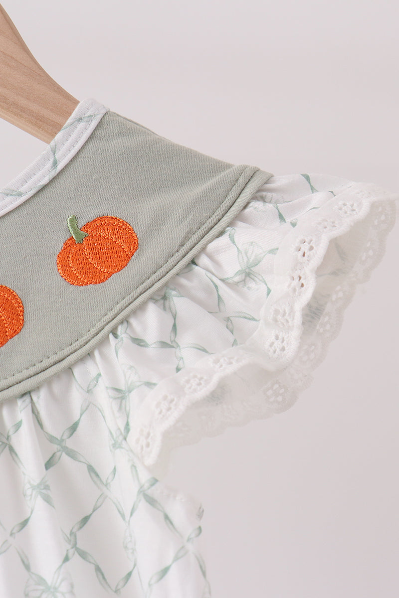 Sage Pumpkin Embroidery Bow Ruffle Dress