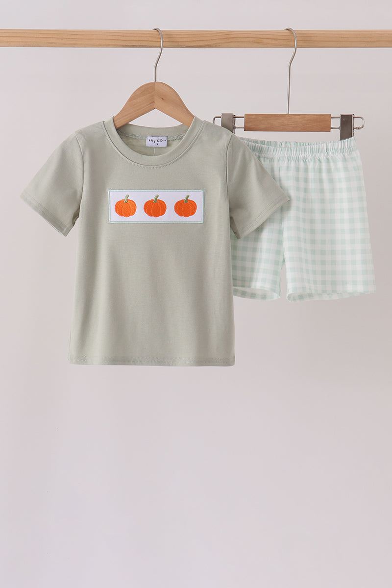 Sage Pumpkin Embroidery Shorts Set