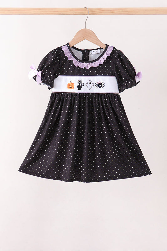 Girls Black Ghost Spider Embroidery Ruffle Dress