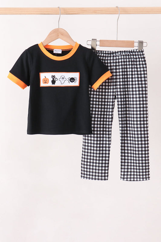 Boys Black Ghost Spider Embroidery Pants Set