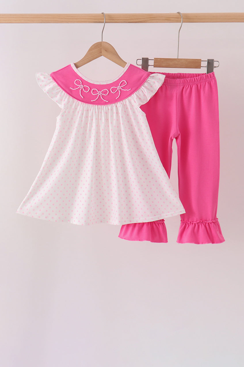Girls Pink Bow Pearl Ruffle Pants Set