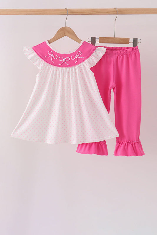 Girls Pink Bow Pearl Ruffle Pants Set