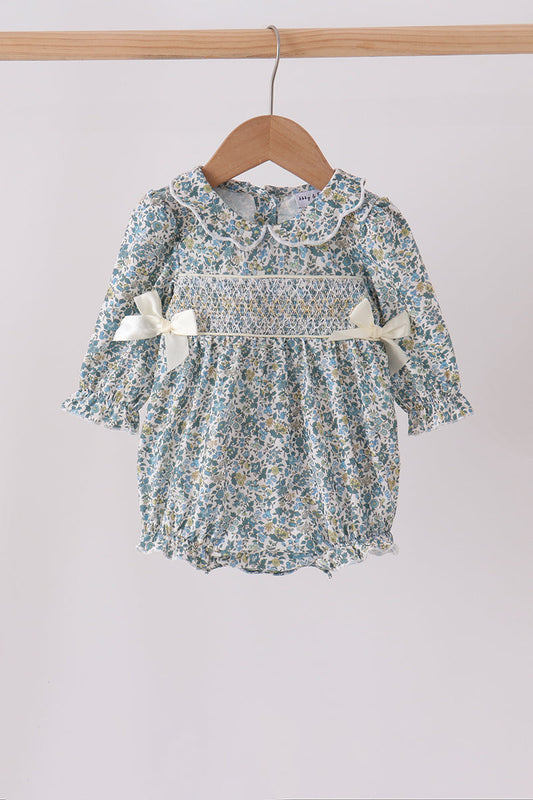 Baby Girl Long Sleeve Collared Sage Floral Smocked Bow Bubble