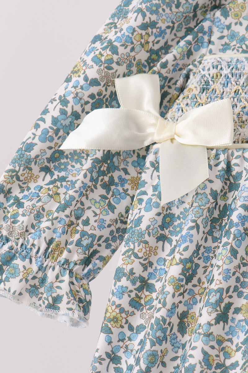 Baby Girl Long Sleeve Collared Sage Floral Smocked Bow Bubble