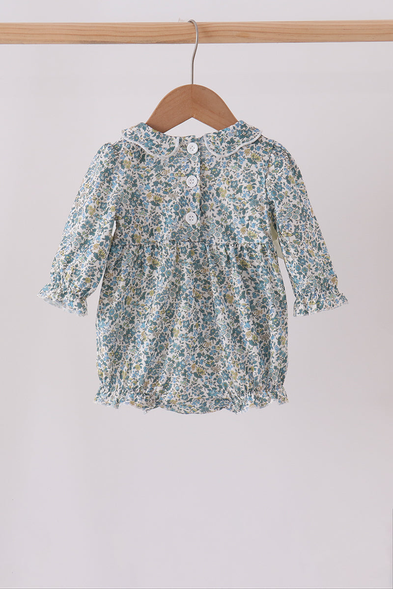 Baby Girl Long Sleeve Collared Sage Floral Smocked Bow Bubble