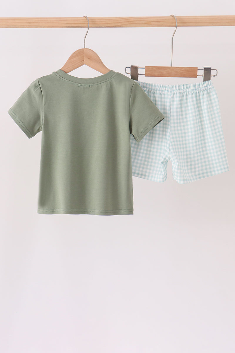 Boys Sage Pumpkin Embroidery Gingham Shorts Set