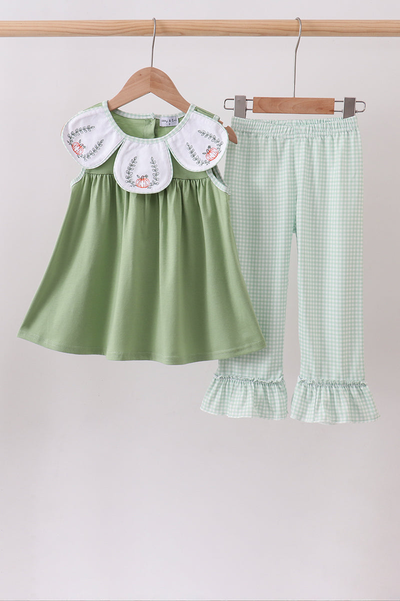 Girls Sage Pumpkin Embroidered Ruffle Pants Set