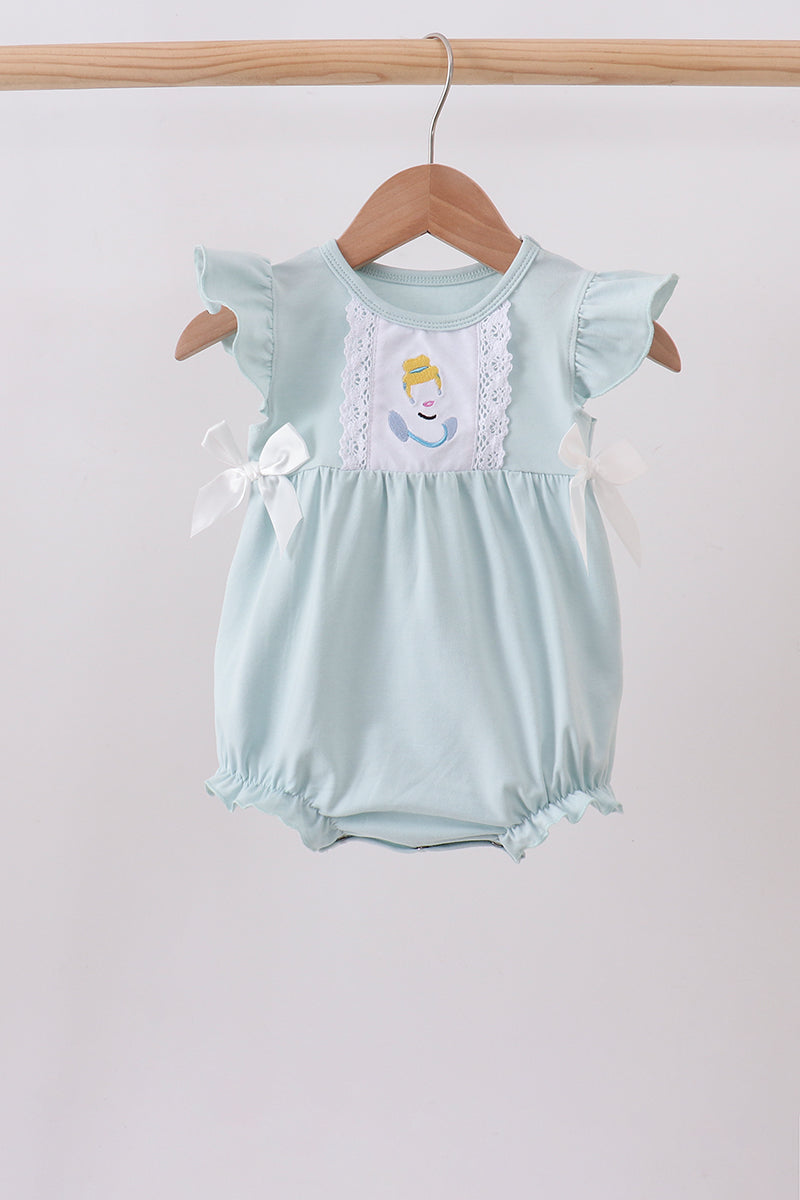Baby Girl Light Blue Princess Character Embroidery Ruffle Bubble