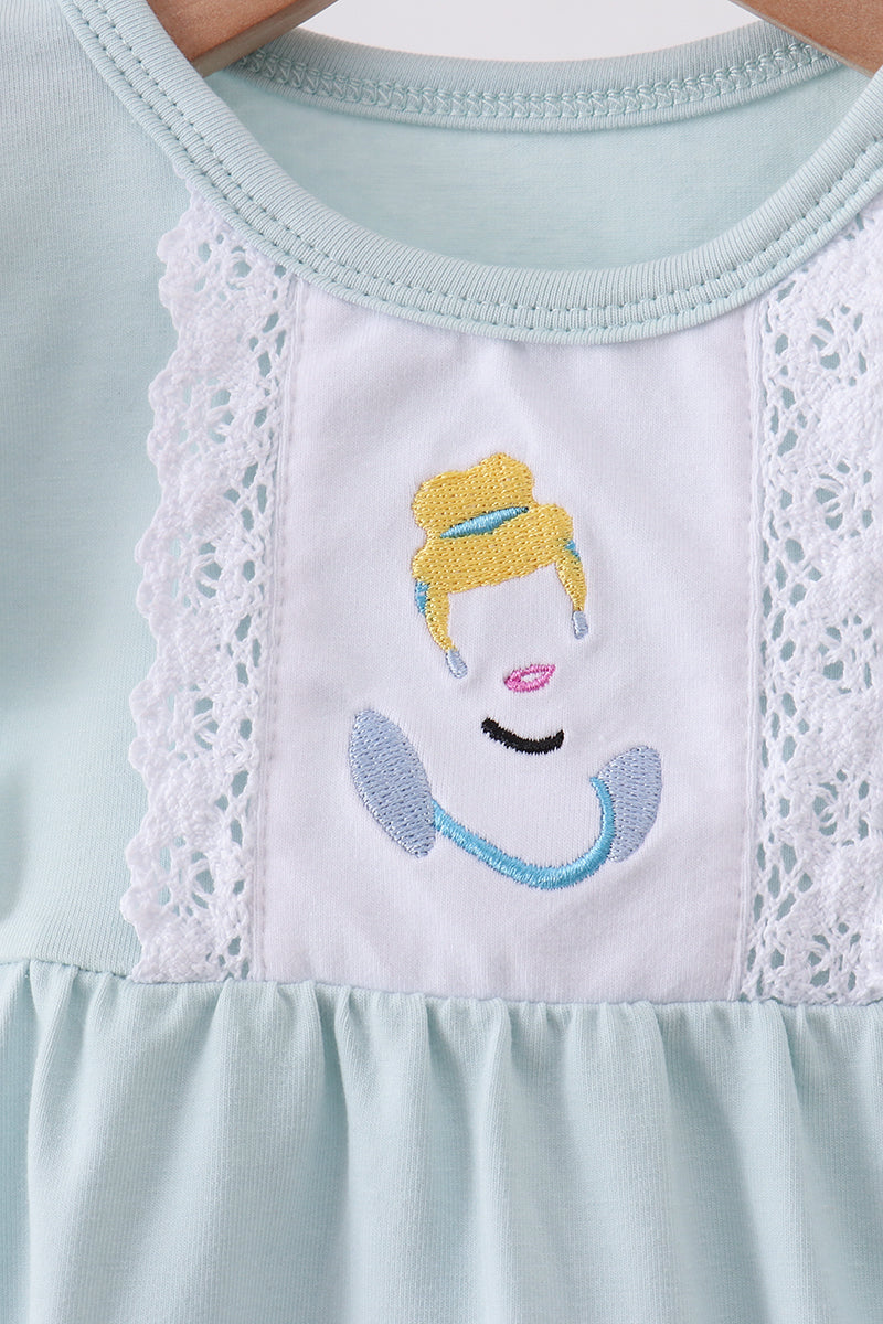 Baby Girl Light Blue Princess Character Embroidery Ruffle Bubble