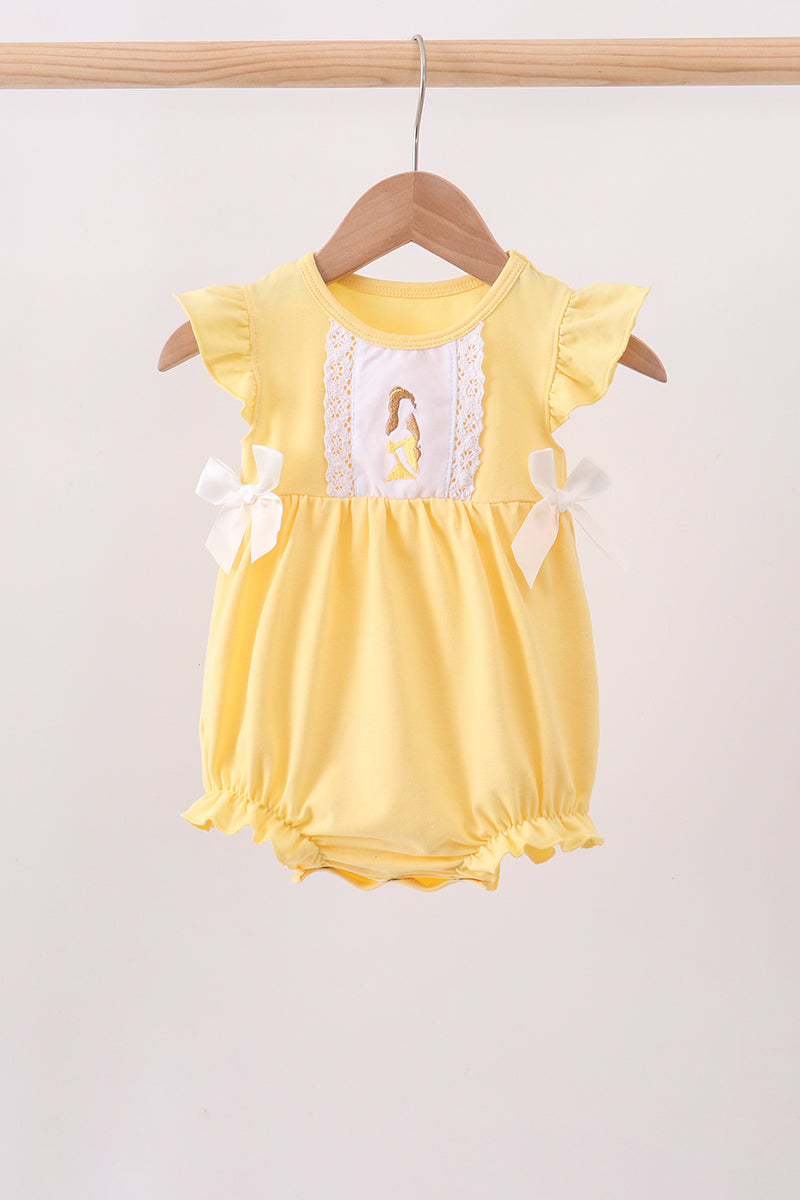 Baby Girl Mustard Princess Embroidery Ruffle Bubble