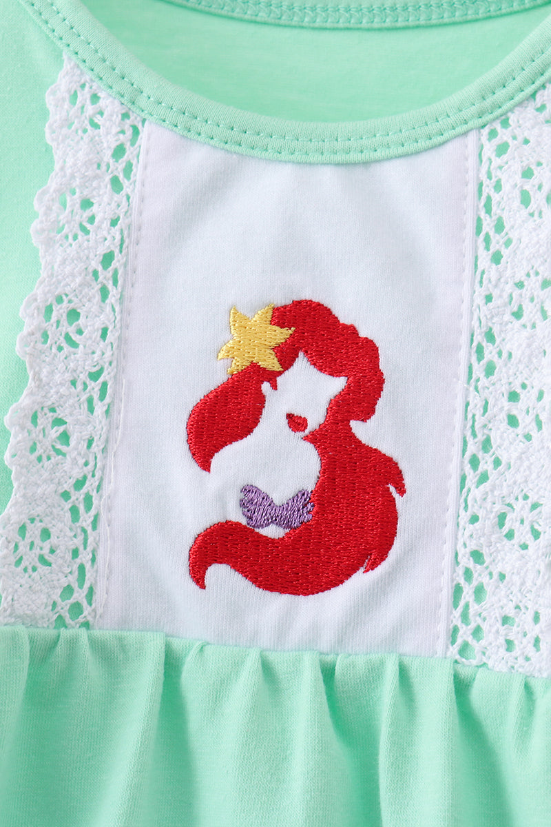 Baby Girls Green Mermaid Embroidery Ruffle Bubble