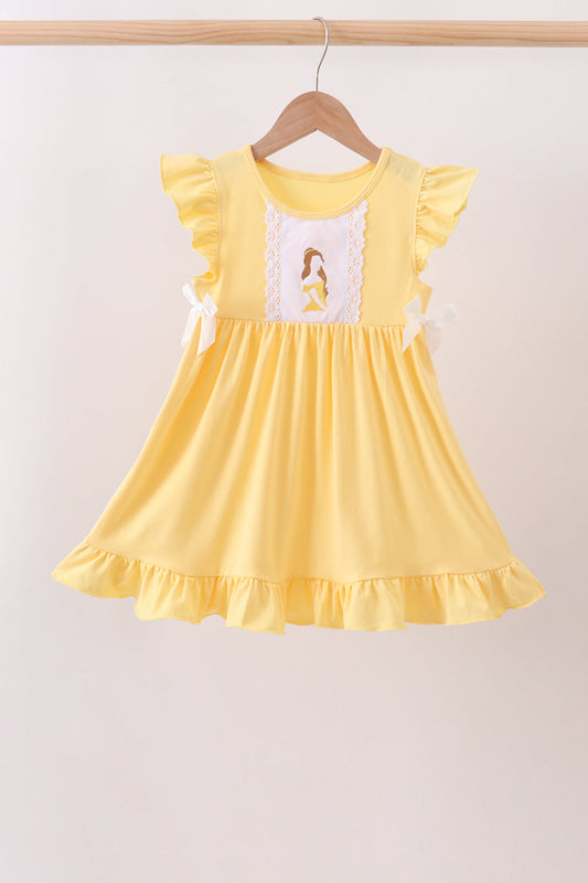 Girls Mustard Princess Character Embroidery Ruffle Dress
