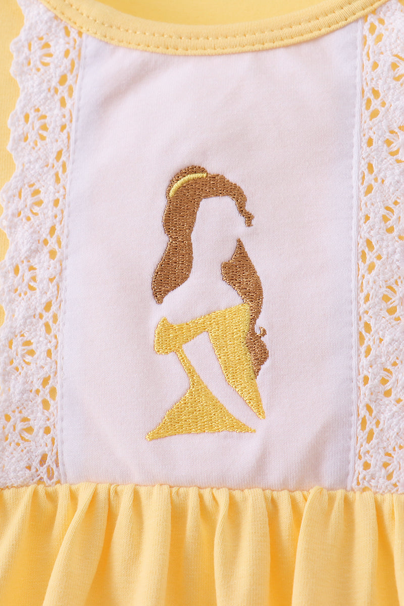 Girls Mustard Princess Character Embroidery Ruffle Dress