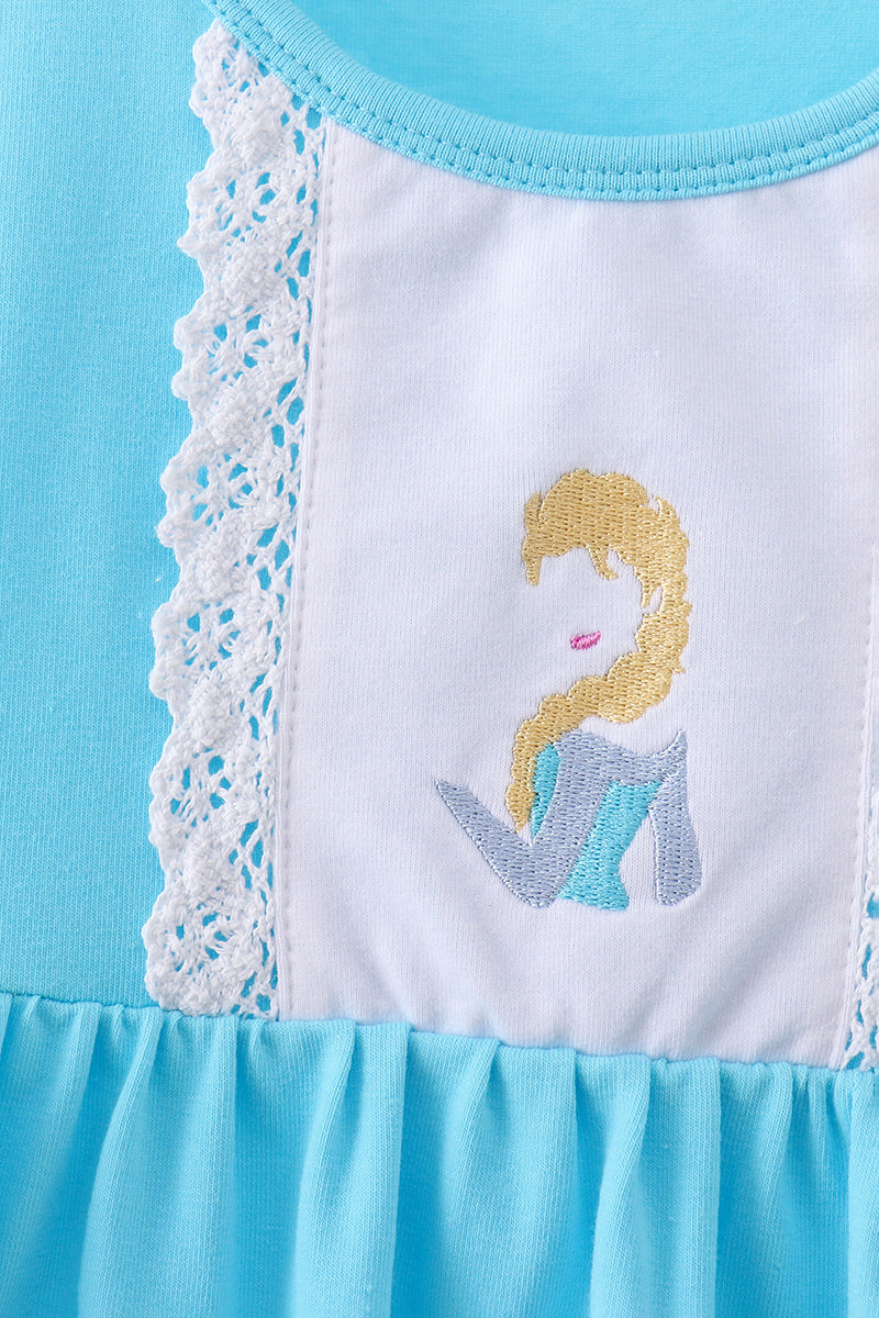 Blue Embroidered Princess Ruffle Dress