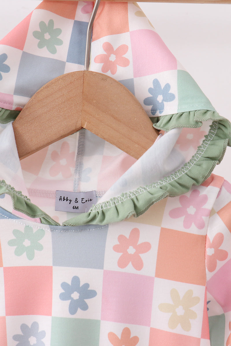 Baby Girl Pastel Daisy Checkerboard Hoodie Bubble