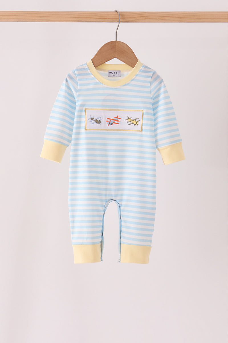 Baby Boy Blue Airplane Embroidery Stripe Romper