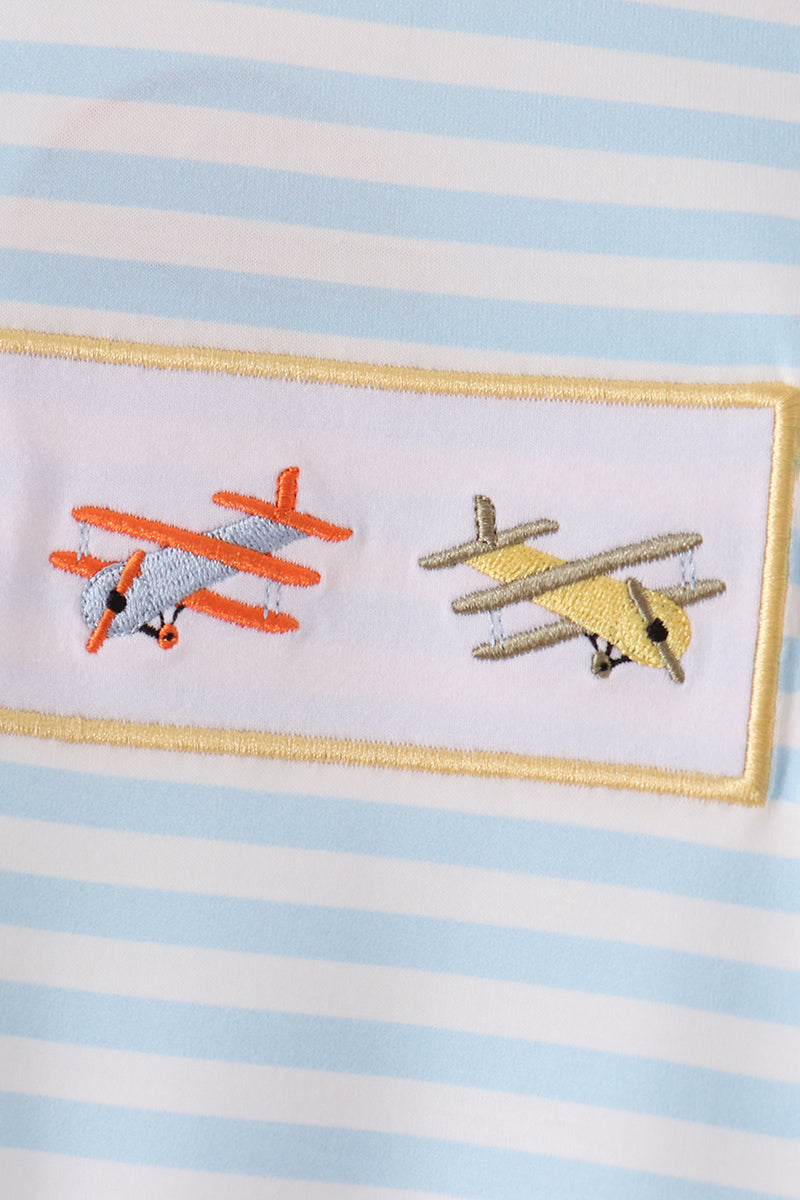 Baby Boy Blue Airplane Embroidery Stripe Romper