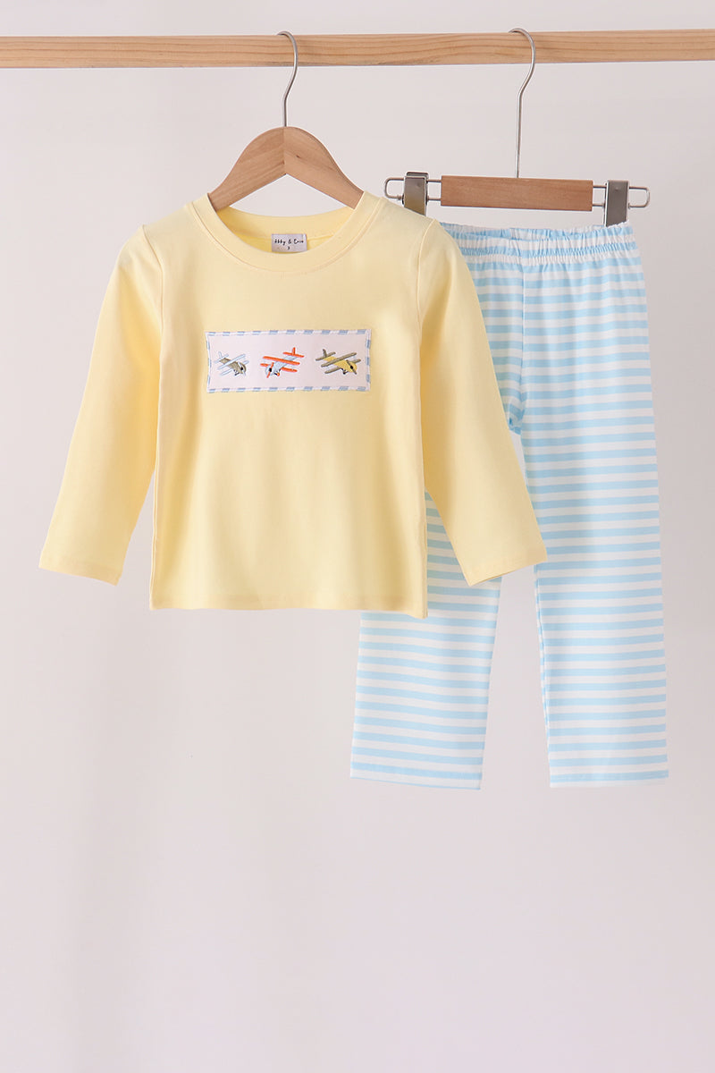 Boys Blue Airplane Embroidery Stripe Pants Set