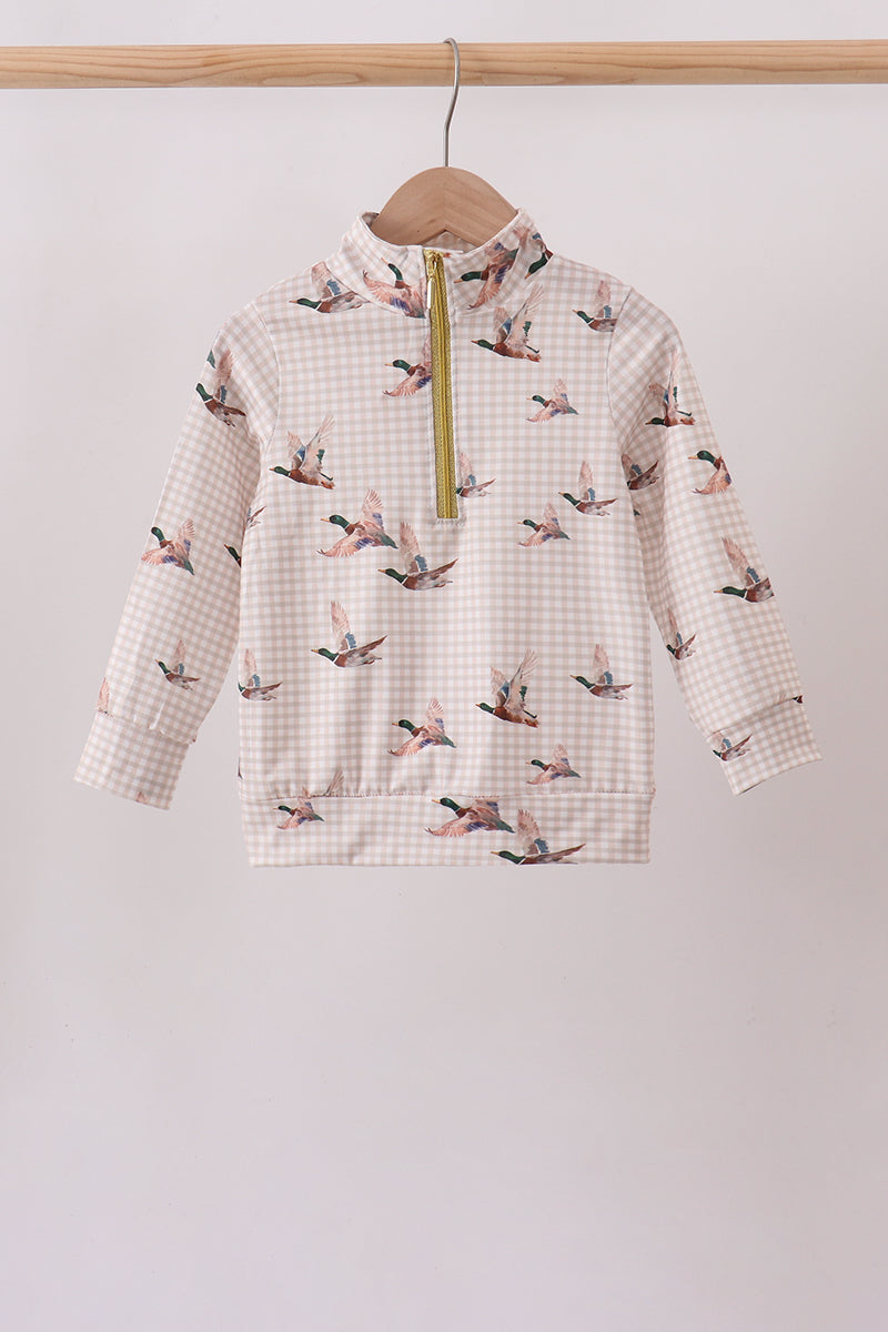 Boys Khaki Duck Print Zip Gingham Pullover