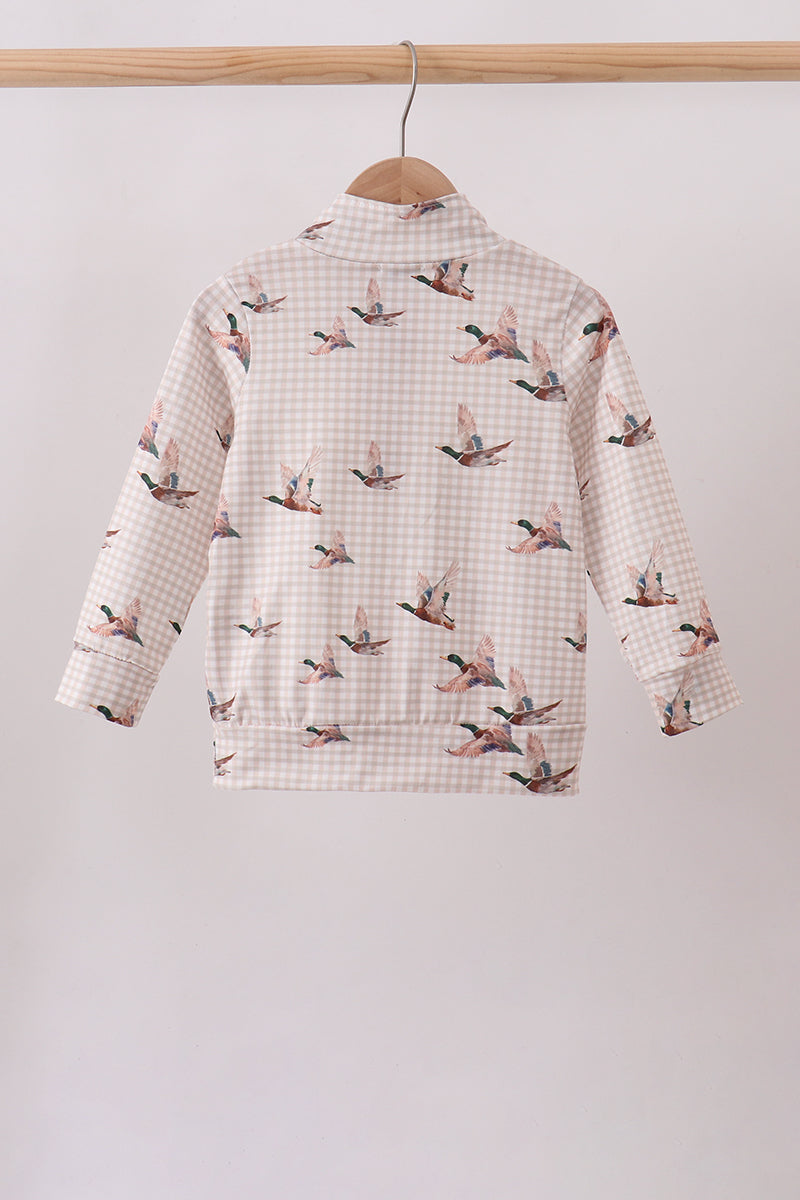 Boys Khaki Duck Print Zip Gingham Pullover