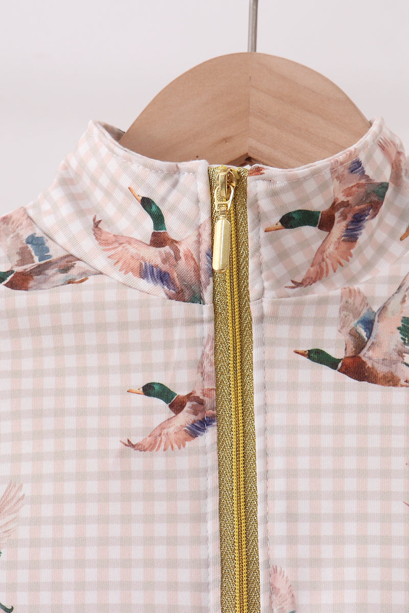 Boys Khaki Duck Print Zip Gingham Pullover