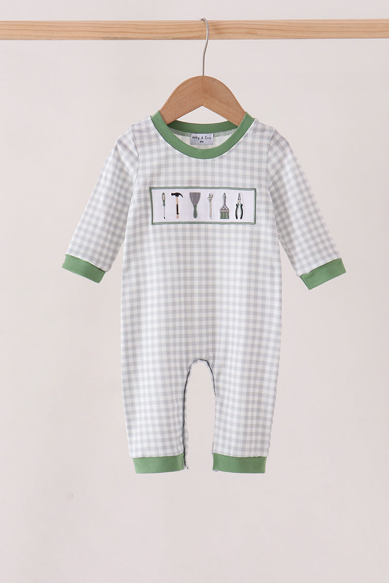 Baby Boys Long Sleeve Green tools embroidery romper