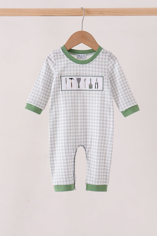 Baby Boys Long Sleeve Green tools embroidery romper