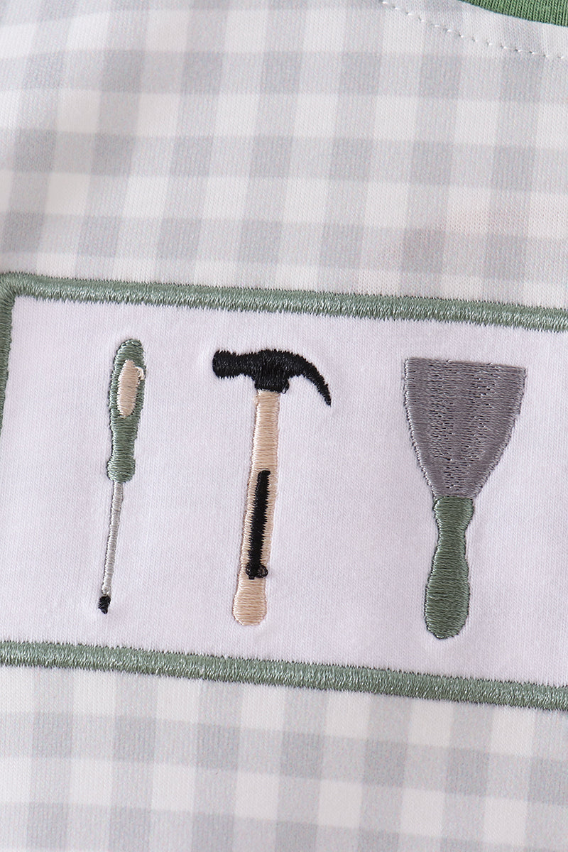Baby Boys Long Sleeve Green tools embroidery romper