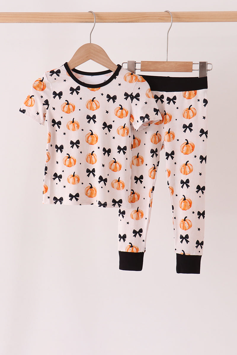Girls Pumpkin Bamboo Pajama Set with Bow