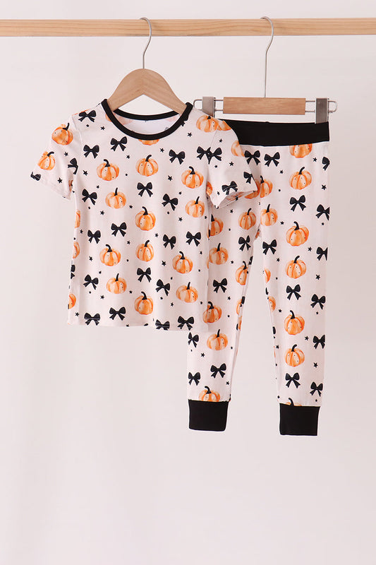 Girls Pumpkin Bamboo Pajama Set with Bow