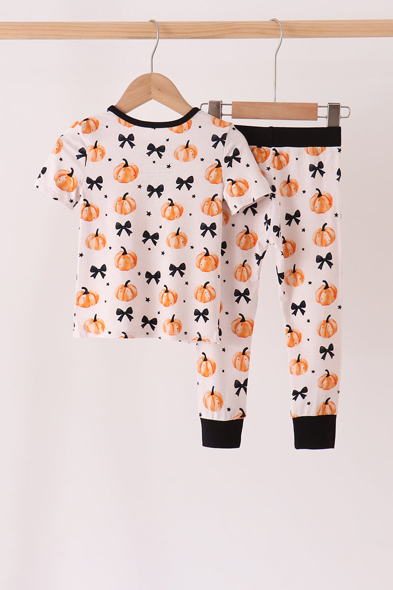 Girls Pumpkin Bamboo Pajama Set with Bow