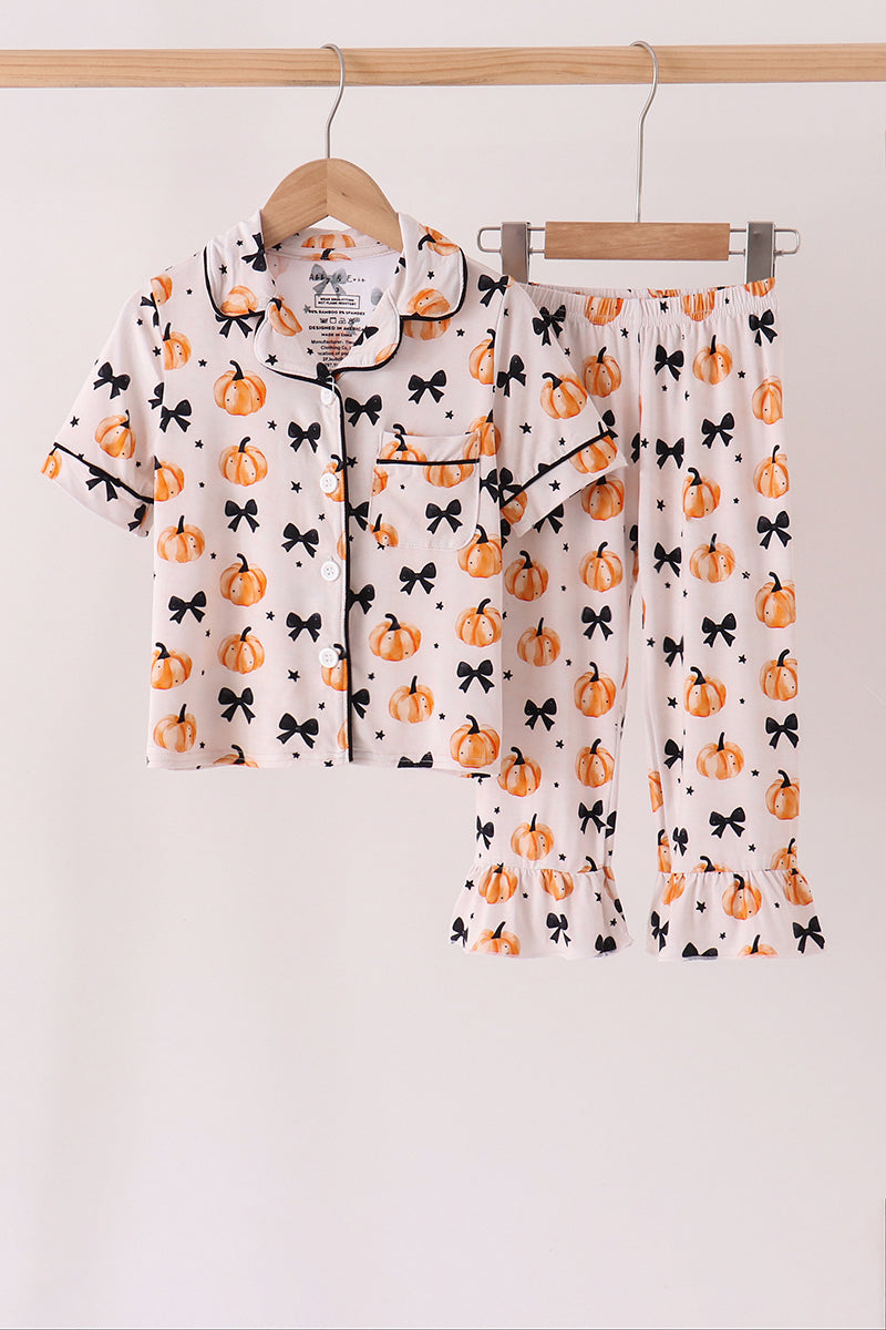 Girls Bow Pumpkin Bamboo Ruffle Pajama Set