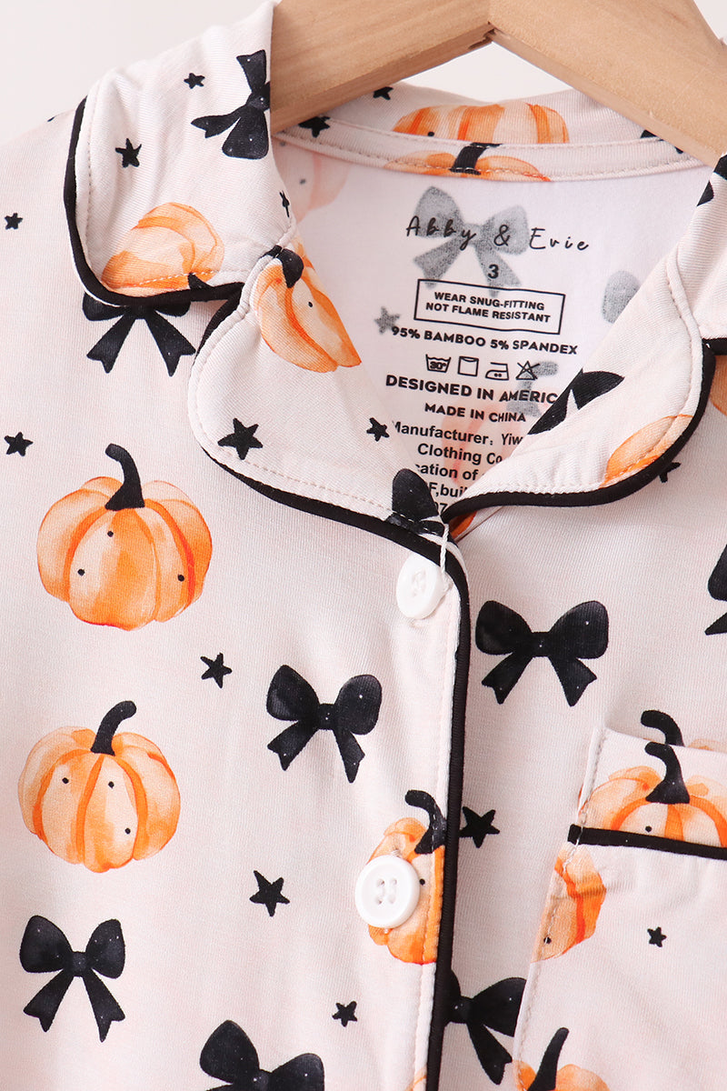 Girls Bow Pumpkin Bamboo Ruffle Pajama Set