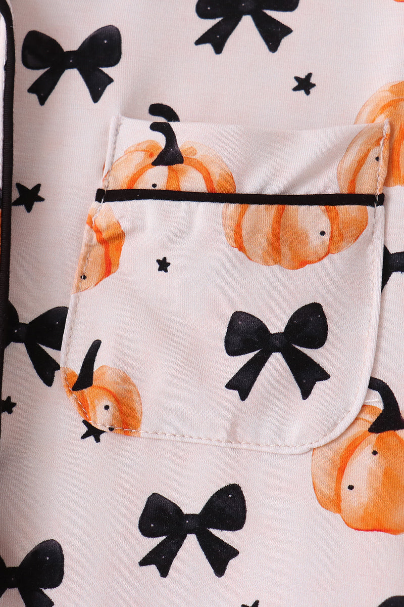 Girls Bow Pumpkin Bamboo Ruffle Pajama Set