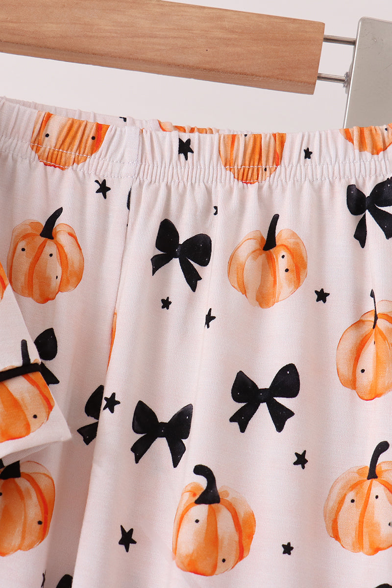 Girls Bow Pumpkin Bamboo Ruffle Pajama Set