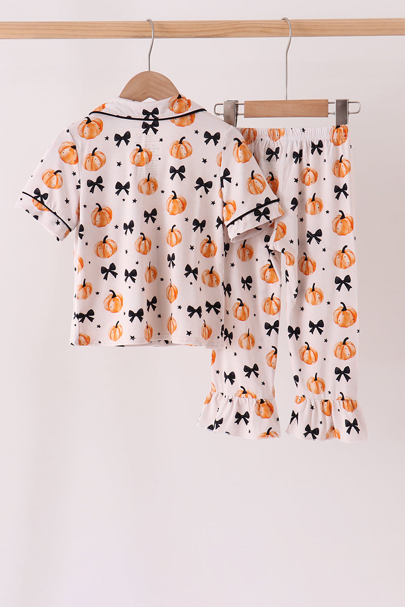 Girls Bow Pumpkin Bamboo Ruffle Pajama Set