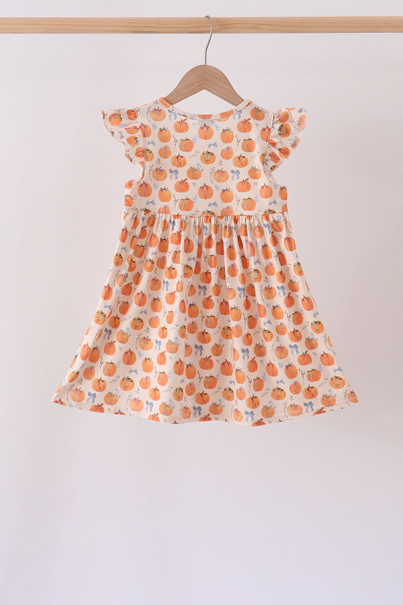 Girls Pumpkin Bow Ruffle Dress