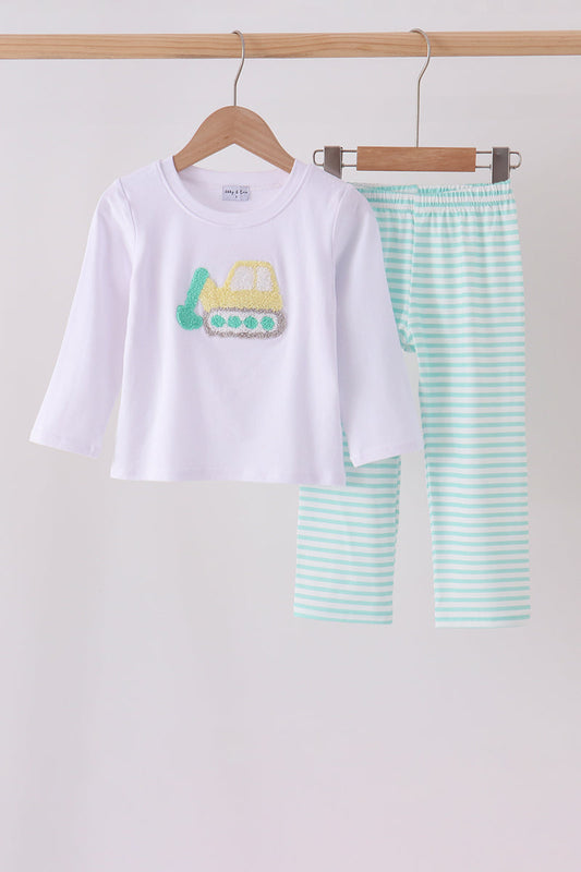 Boys Excavator French Knot Stripe Pants Set