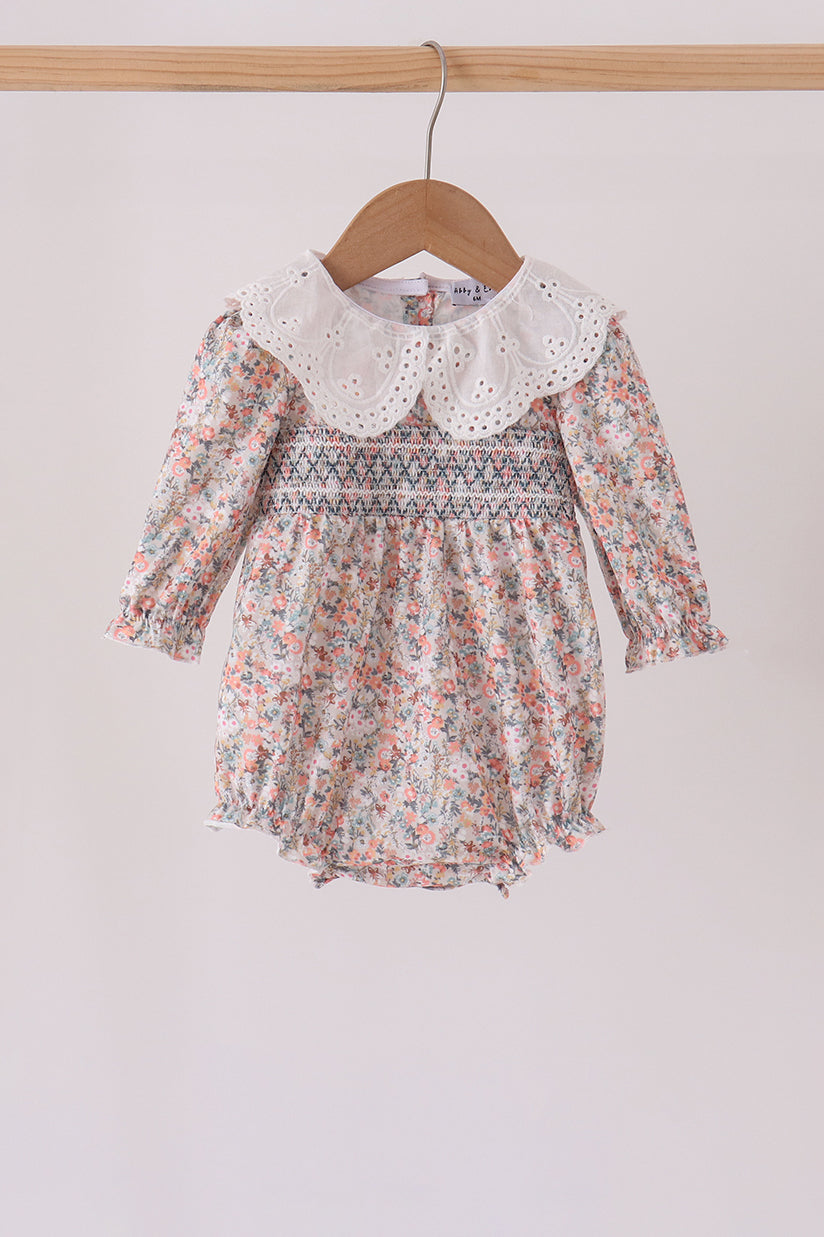 Baby Girl Collared Long Sleeve Floral Smocked Lace Bubble